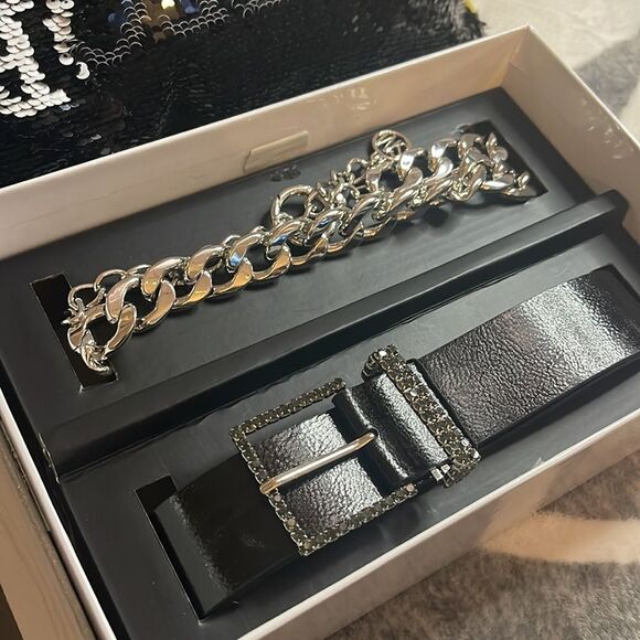 2 steve madden bling chain belt set in glitter gift box- L/XL nwt/nip main image 4